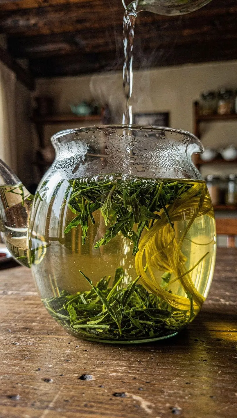 Listy čaju Sencha rozložené na bielom pozadí, odhaľujúce ich jemnú textúru.