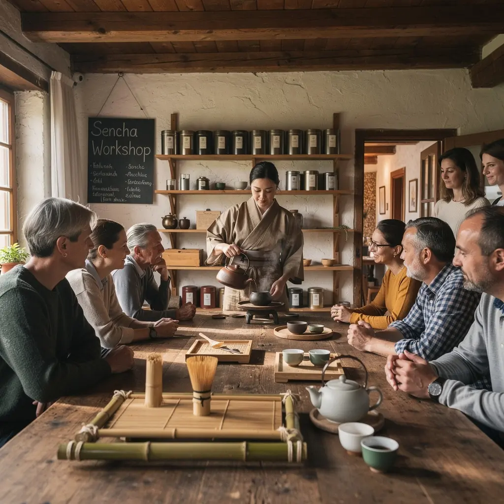 Detailný záber na čerstvé lístky čaju Sencha, ktoré sú pripravené na lúhovanie.