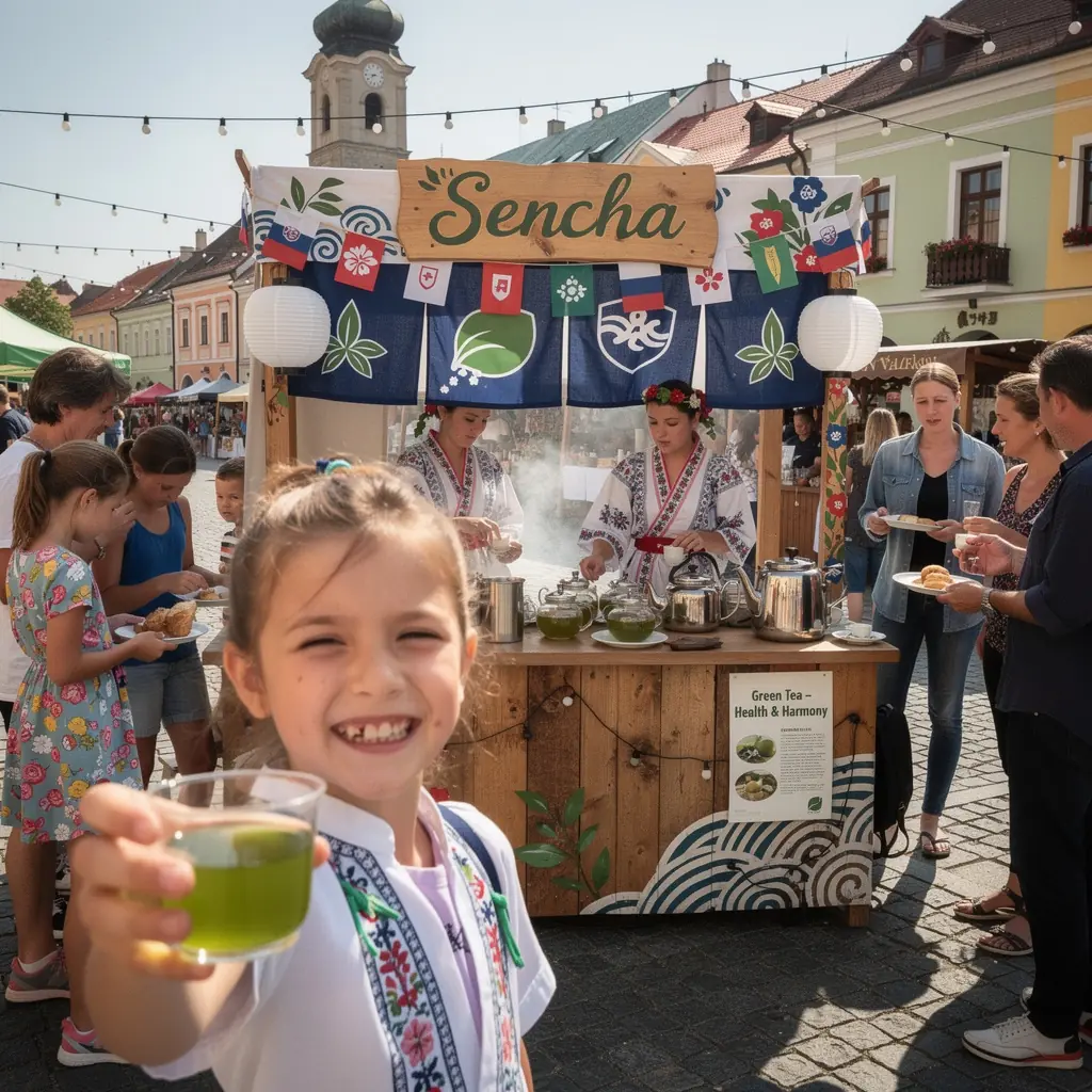 Japonský zelený čaj Sencha s čerstvými listami na pozadí.